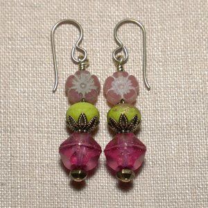 Hand Crafted Handmade Earrings Pink & Green Czech Glass Flower Earrings